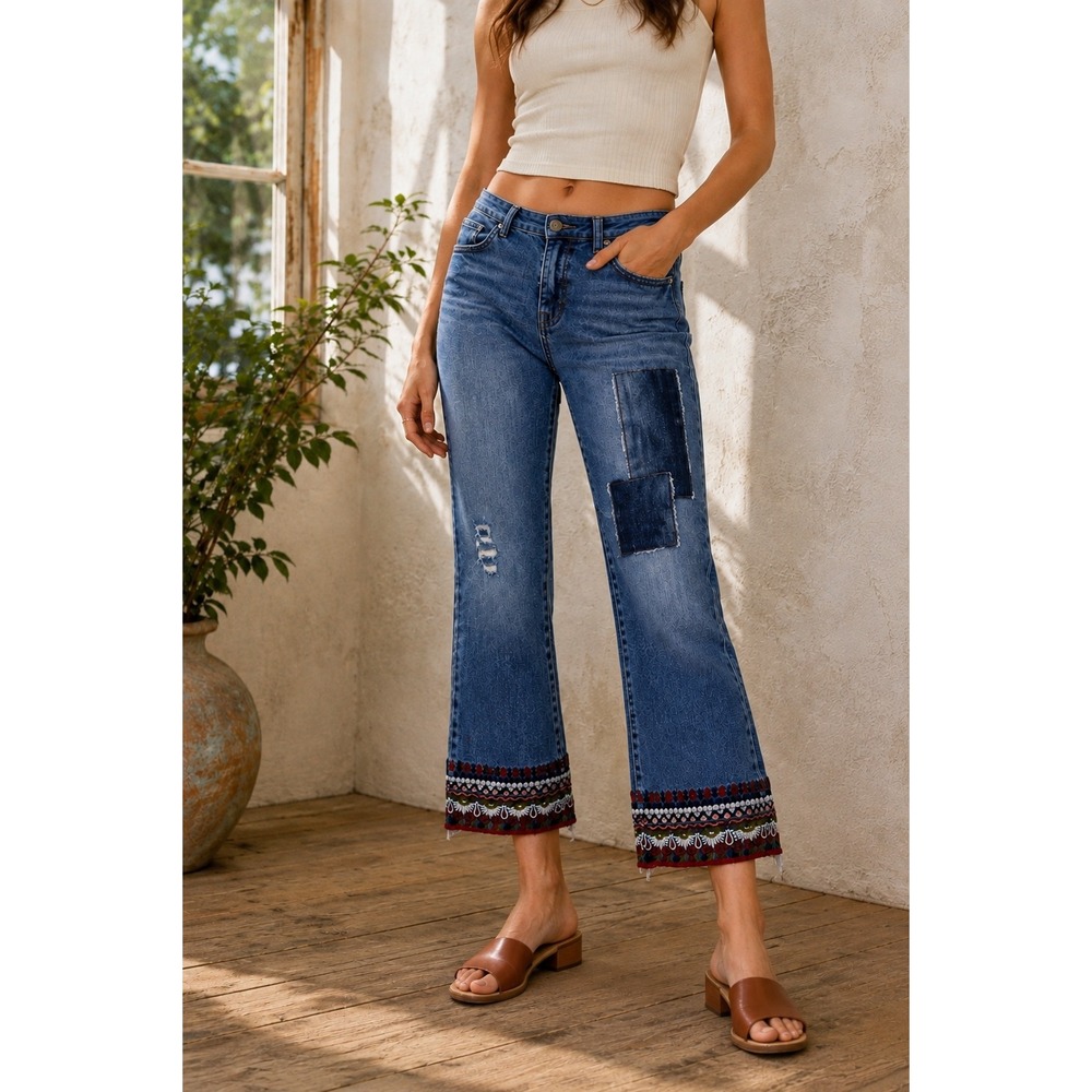 Pilcro and the Letterpress Cropped Embroidered-Hem Patchwork Jeans in Blue